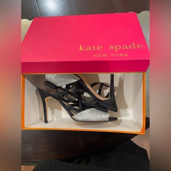 Kate Spade New York Ivy Silver Fine Glitter Black Heels Size 9 NWT - Picture 12 of 14